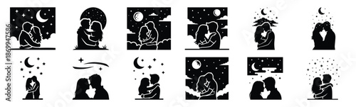 Collection of romantic night sky couple silhouette icon set. Happy valentines day icons black silhouette illustration art