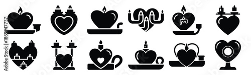 Collection of valentine heart candle holder silhouette icon set. Happy valentines day icons black silhouette illustration art