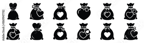Collection of valentine heart gift sack silhouette icon set. Happy valentines day icons black silhouette illustration art