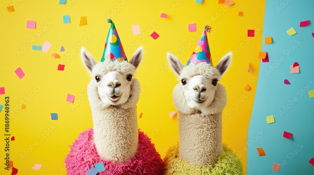 Fototapeta premium Festive alpacas celebrating with confetti and colorful party hats creating joy