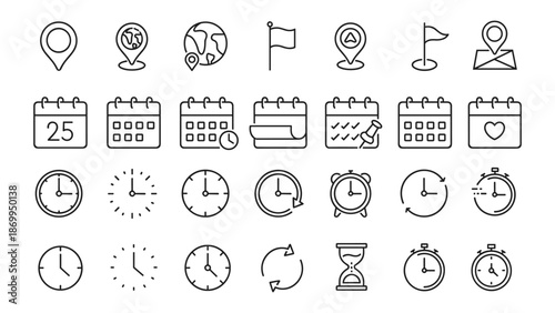 Time and Calendar Line Icon Set – Clock, Schedule, Date and Location Symbols Vector