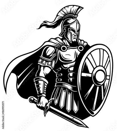 A black and white vector illustration depicts a fierce Spartan or Roman-style warrior, shown from the chest up, against no background