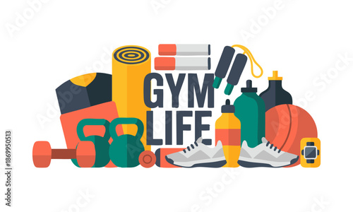 Flat Style Gym Life vector Illustration With Fitness Equipment And Accessories , easily editable. 