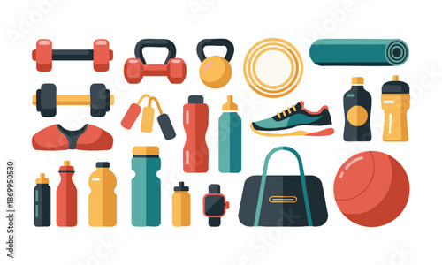 Fitness And Gym Life Flat vector Illustration With Workout Accessories, easily editable. 