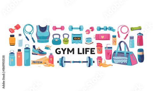 Fitness And Gym Life Flat vector Illustration With Workout Accessories, easily editable. 
