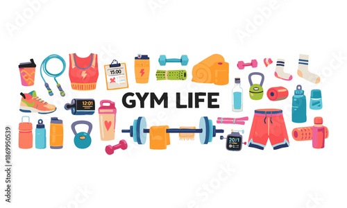 Flat Vector Gym Life Illustration With Workout Accessories And Fitness Tools , easily editable. 