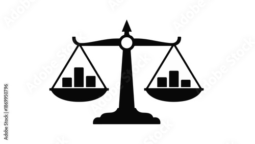 Black silhouette of balance scale with bar graphs on both sides, symbolizing business equilibrium and data comparison, on white background