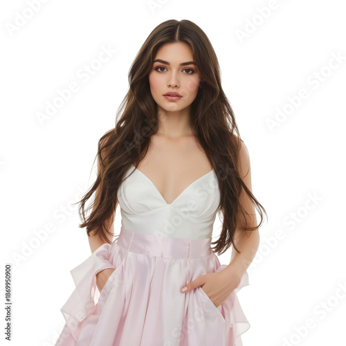 Young Woman in a Formal Dress Poses for a Portrait in a Studio Setting During...