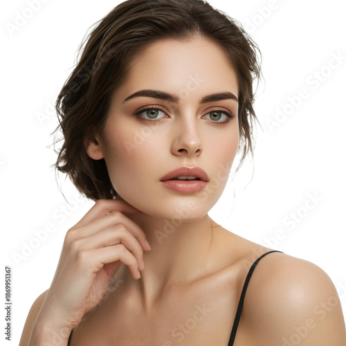 Model Poses With Hand on Chin and Natural Makeup in Studio Setting During Day...