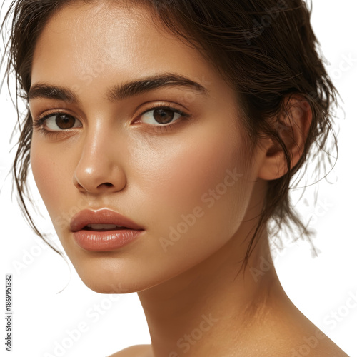 Young Woman Touching Her Face With a Serious Expression in Front of a White B...