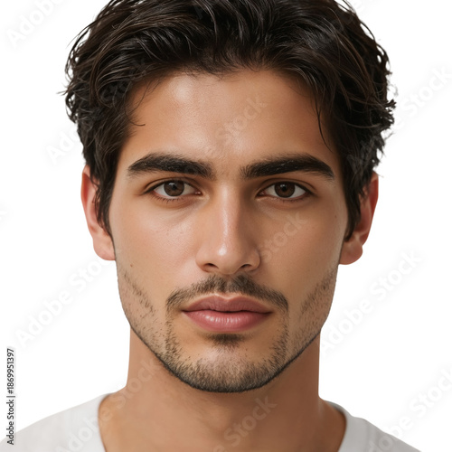 Young Man With Dark Hair and Light Skin Poses Against a Plain Background Show...