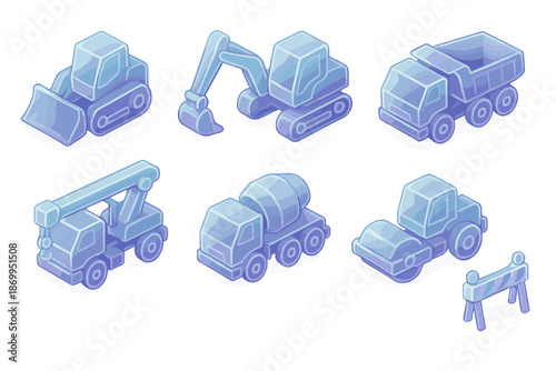 Construction linear icon set. featuring bulldozer, excavator, dump truck, crane, cement mixer, roller, barrier symbols