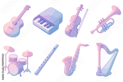 Musical instruments flat icon set. featuring guitar, piano, violin, trumpet, drums, flute, saxophone, and harp