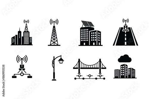 Smart city icons: buildings, towers, solar panels, roads, bridge