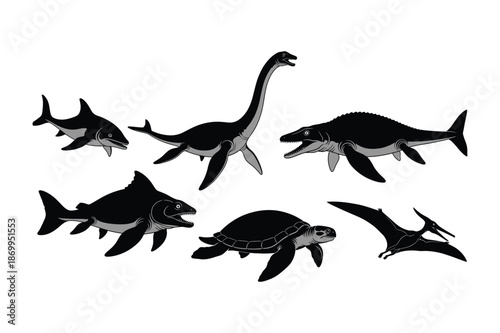 Ancient sea creatures and dinosaurs: shark, plesiosaur, mosasaur, turtle