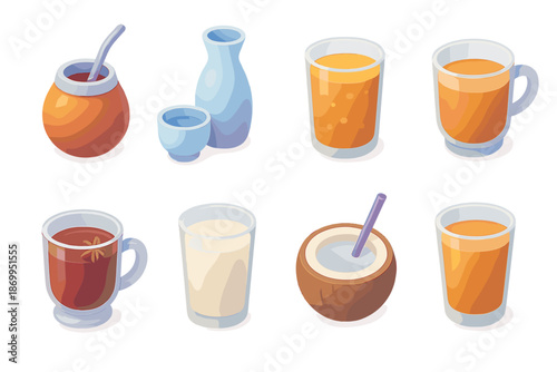 Beverage flat icon set. featuring yerba mate, sake, juice, hot tea, milk, coconut drink, hot coffee