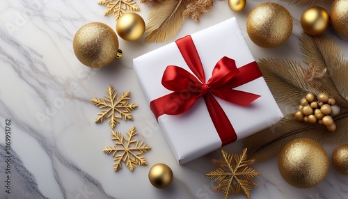 A White Wrapped Present With A Red Ribbon Surrounded By Gold Snowflake Ornaments And Christmas Balls On A Marble Surface Use Holiday Advertising
