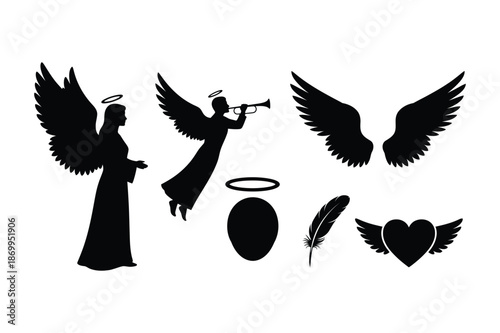 Black silhouette icons of angels, wings, and halos