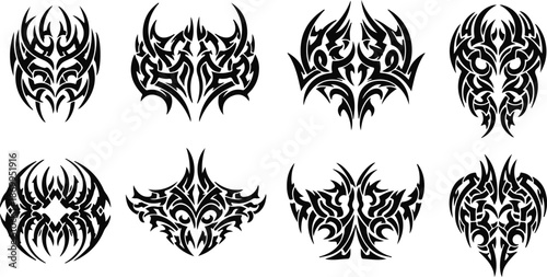 Collection of diverse tribal tattoo designs featuring sharp points and flowing curves in a graphic illustration style