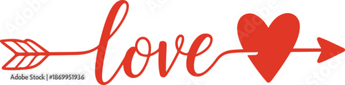 Romantic stylized red word love with an arrow passing through a heart symbol isolated on transparent background for graphic design elements