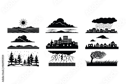 Nature and weather black silhouette icons