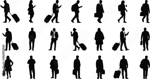 Diverse collection of black silhouette figures representing people walking with luggage and using mobile phones isolated on transparent background