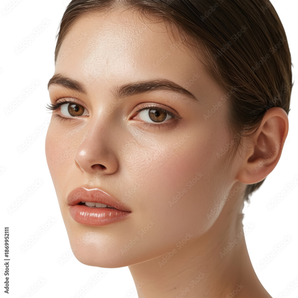 Obraz premium Woman With Smooth Skin and Subtle Makeup Looking at the Camera With a Neutral Expression in a Bright Setting
