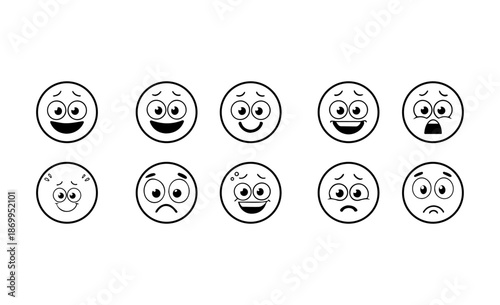 Set of 10 hand-drawn cartoon emoji faces with different expressions and emotions, black and white line art vector icons