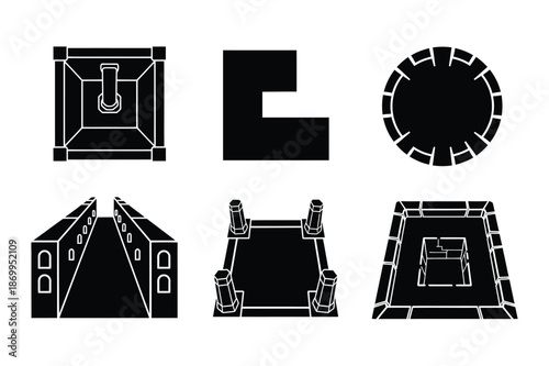 Black icons: abstract geometric shapes, architectural elements