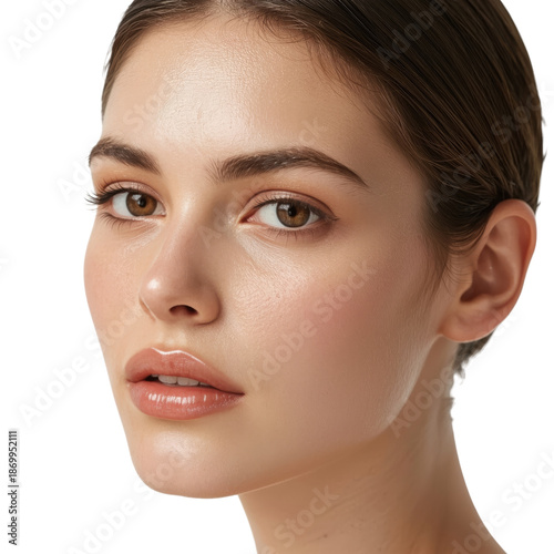 Woman With Smooth Skin and Subtle Makeup Looking at the Camera With a Neutral...