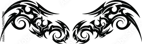 Black tribal stylized wings abstract design element with swirling patterns and sharp edges isolated on transparent background