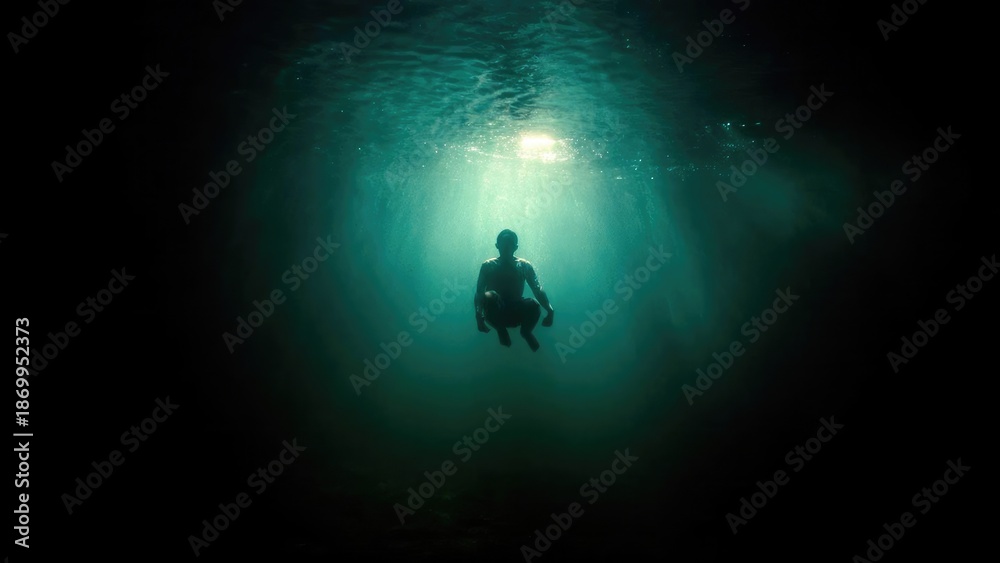 Fototapeta premium A lone diver suspended underwater as sunbeams pierce the dark teal water from above. Concept Lone Diver, Sunbeams Through Water, Dark Teal Ocean, Suspended Portrait