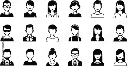 Different people with various hairstyles and accessories shown in a grid format for character design or illustration reference