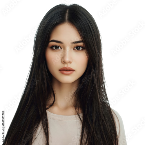 Young Woman With Long Dark Hair Looking Directly at the Camera in a Neutral S...