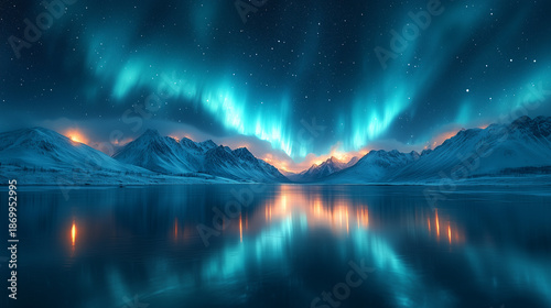 northern lights in night starry sky against background of mountains and lakes