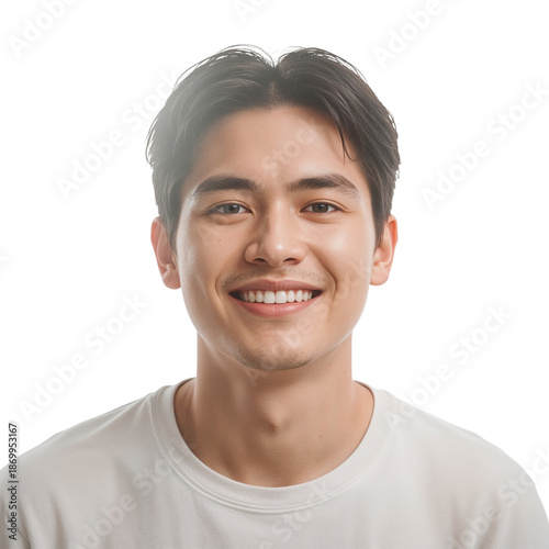 Young Man With Dark Hair and Light Skin Poses Against a Plain Background Show...
