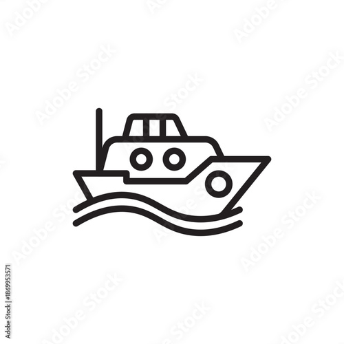 Maritime icon featuring a powerful, compact tugboat vessel with a prominent cabin and portholes, navigating through ocean waves, representing harbor maneuvers, vessel towing services, and logistics.