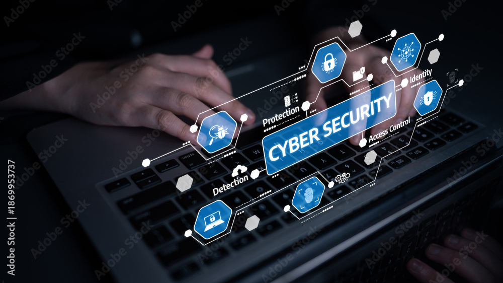 Obraz premium A close-up image showing hands on a laptop with cyber security graphics highlighting key elements like protection, detection, and access control for online safety. Tessel