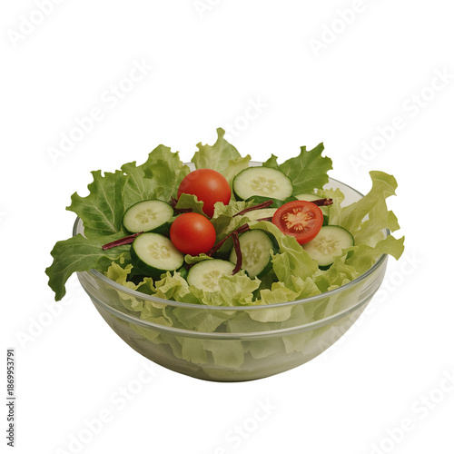 Fresh Salad With Tomatoes and Cucumbers in a Clear Bowl on a White Background