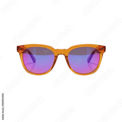 Bright Orange Sunglasses With Purple Lenses on Display Against a Simple Backg...