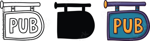 Collection of pub sign vector illustrations featuring outline, silhouette, and colorful designs