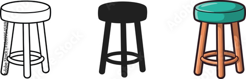 Collection of bar stools in different styles: outline, silhouette, and colorful cartoon design