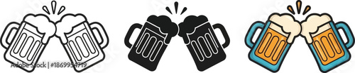 Beer mugs clinking together in various styles symbolizing celebration and good times