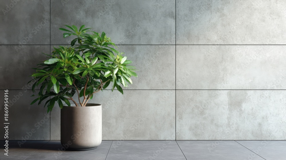 Fototapeta premium Lush indoor plant in modern minimalist concrete planter against slate wall