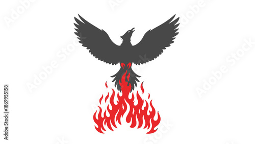 Black bird rising from red flames
