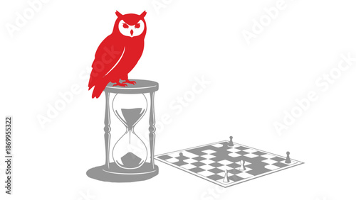 Red owl sitting on hourglass next to chessboard strategy concept