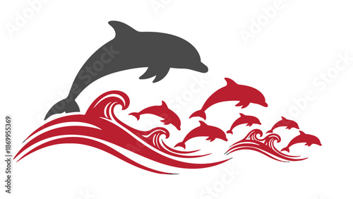 Vector illustration of dolphins jumping out of wavy ocean water