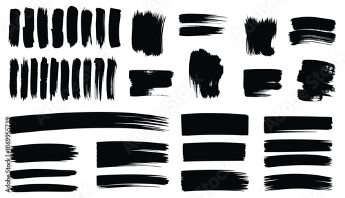 Black paint brush strokes and grunge elements, Black ink or paint, used for textures, banners, labels, and frames