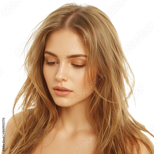 Young Woman With Long Hair Looking Down and Showing Calm Expression in Bright...