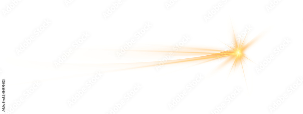 Fototapeta premium Golden shooting star with long glowing trail and bright flare on black background, abstract comet light effect isolated in PNG format.